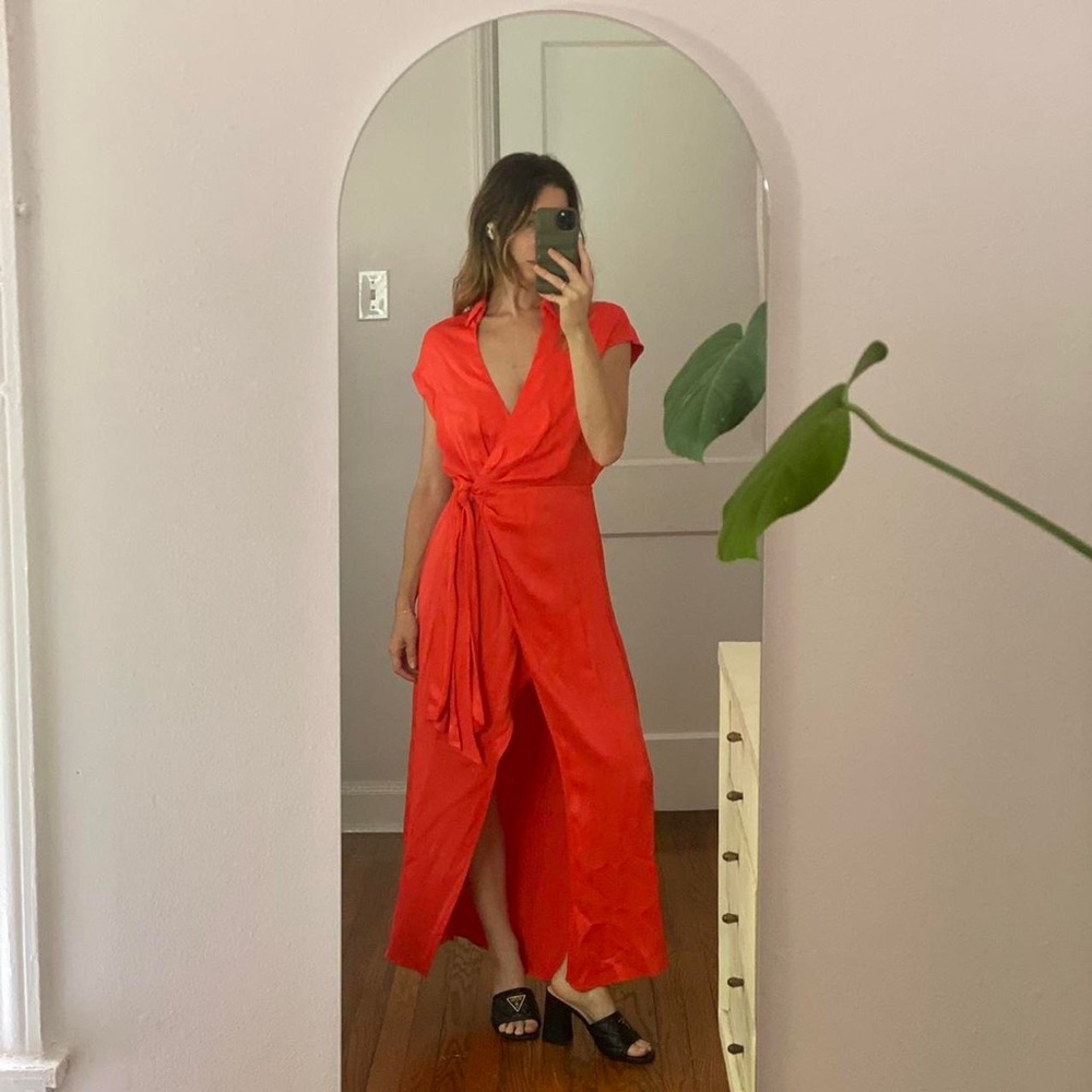 Anthropologie bright coral wrap dress